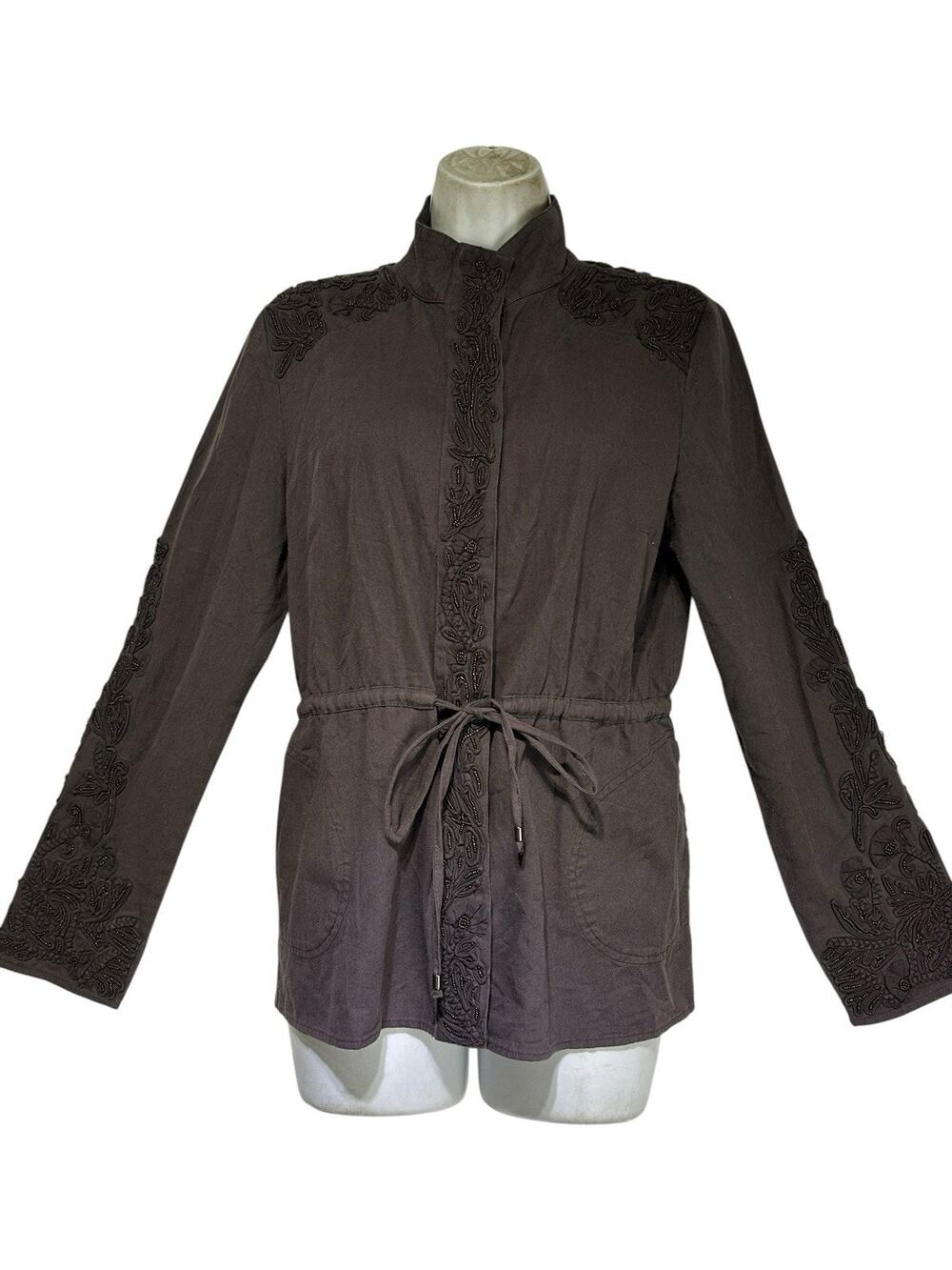 Anthropologie LOVE SAM Travis Cargo Jacket Size S GRAY Beaded Embroidered